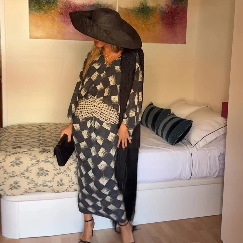 Casual Patchwork Print V Neck Maxi Dress for Women