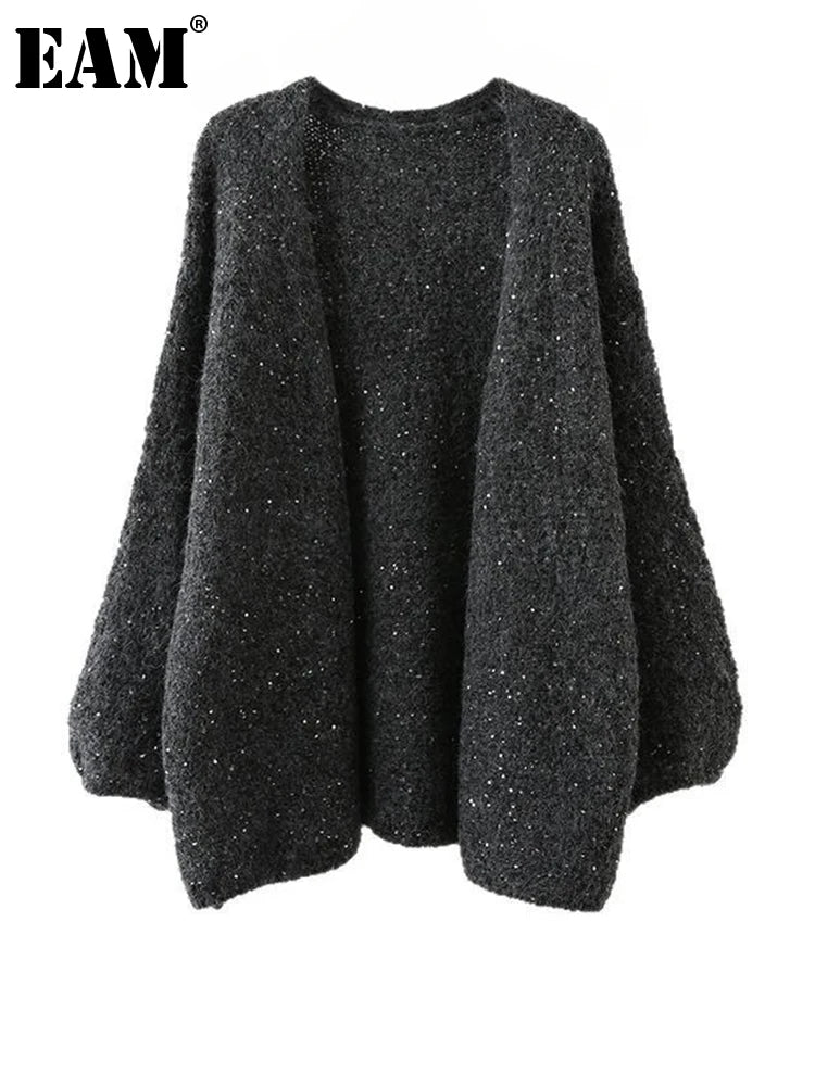 [EAM] Red Sequins Big Size Casual Knitting Cardigan Sweater V-Neck Long Sleeve Women New Fashion Tide Spring Autumn 2025 1DJ3382