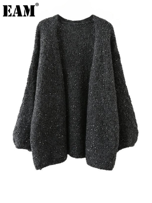 [EAM] Red Sequins Big Size Casual Knitting Cardigan Sweater V-Neck Long Sleeve Women New Fashion Tide Spring Autumn 2025 1DJ3382