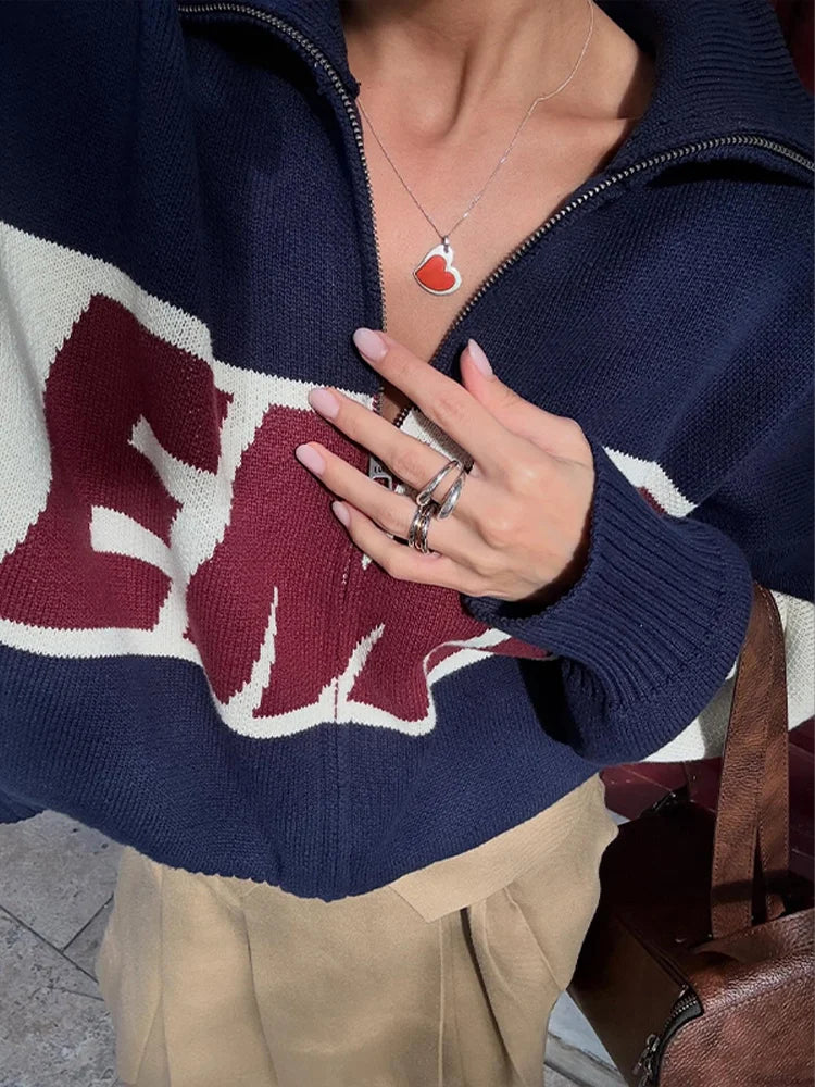 Letter Women 's Sweater Stand Collar Y2k Knit Sweaters For Woman Zipper Full Sleeve Tops Female 2025 Winter Men Jacket Knitwear