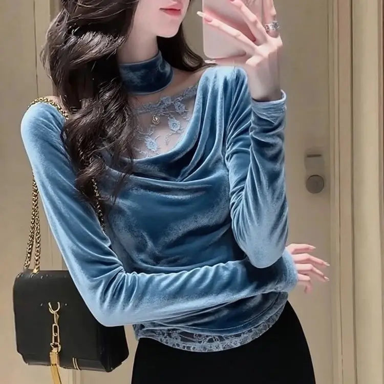 Elegant Blue Velvet Lace Trim Slim Fit Blouse For Women