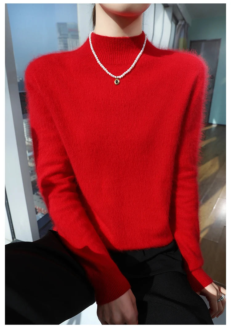 Loose Cashmere Knit Half High Neck Pullover Sweater for Women