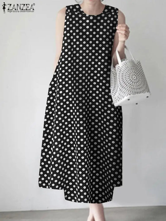 ZANZEA Bohemian Point Dot Printed Dress Women Summer Vestidos 2024 Elegant Sexy Sleeveless Casual Loose Vintage Beach Sundress
