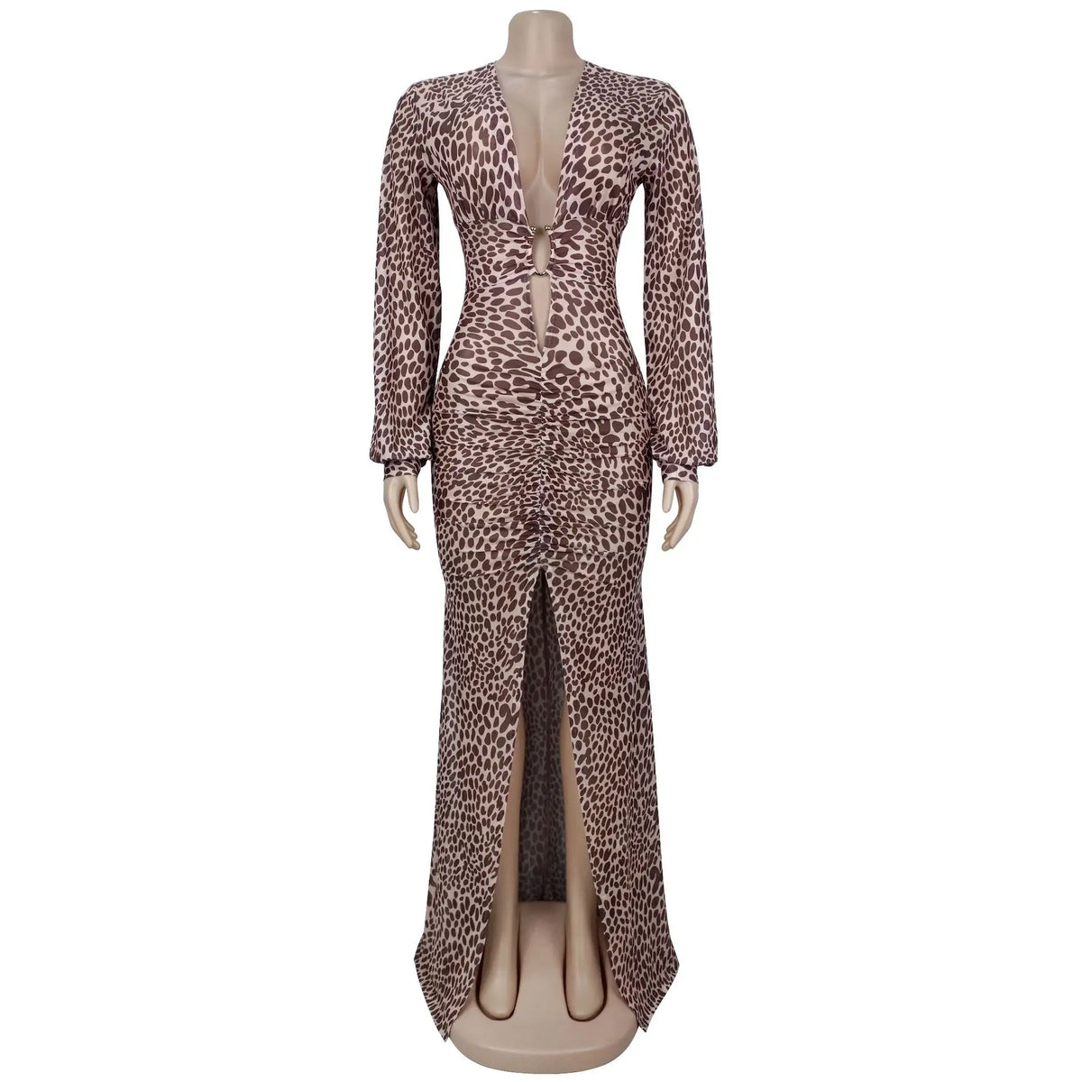 Leopard Print Deep V Neck High Slit Maxi Dress for Women
