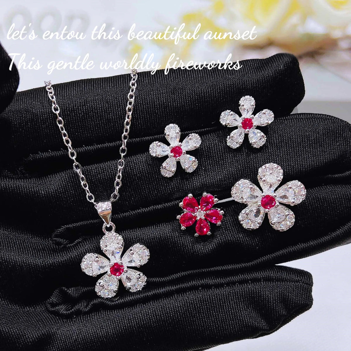 Cherry Blossom Zircon Necklace, Earring, and Ring Set for Women