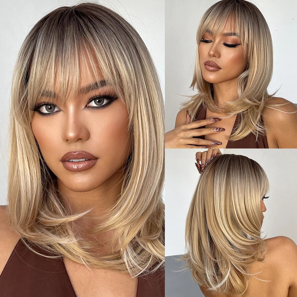 Medium Length Layered Straight Synthetic Wig With Bangs For Women
