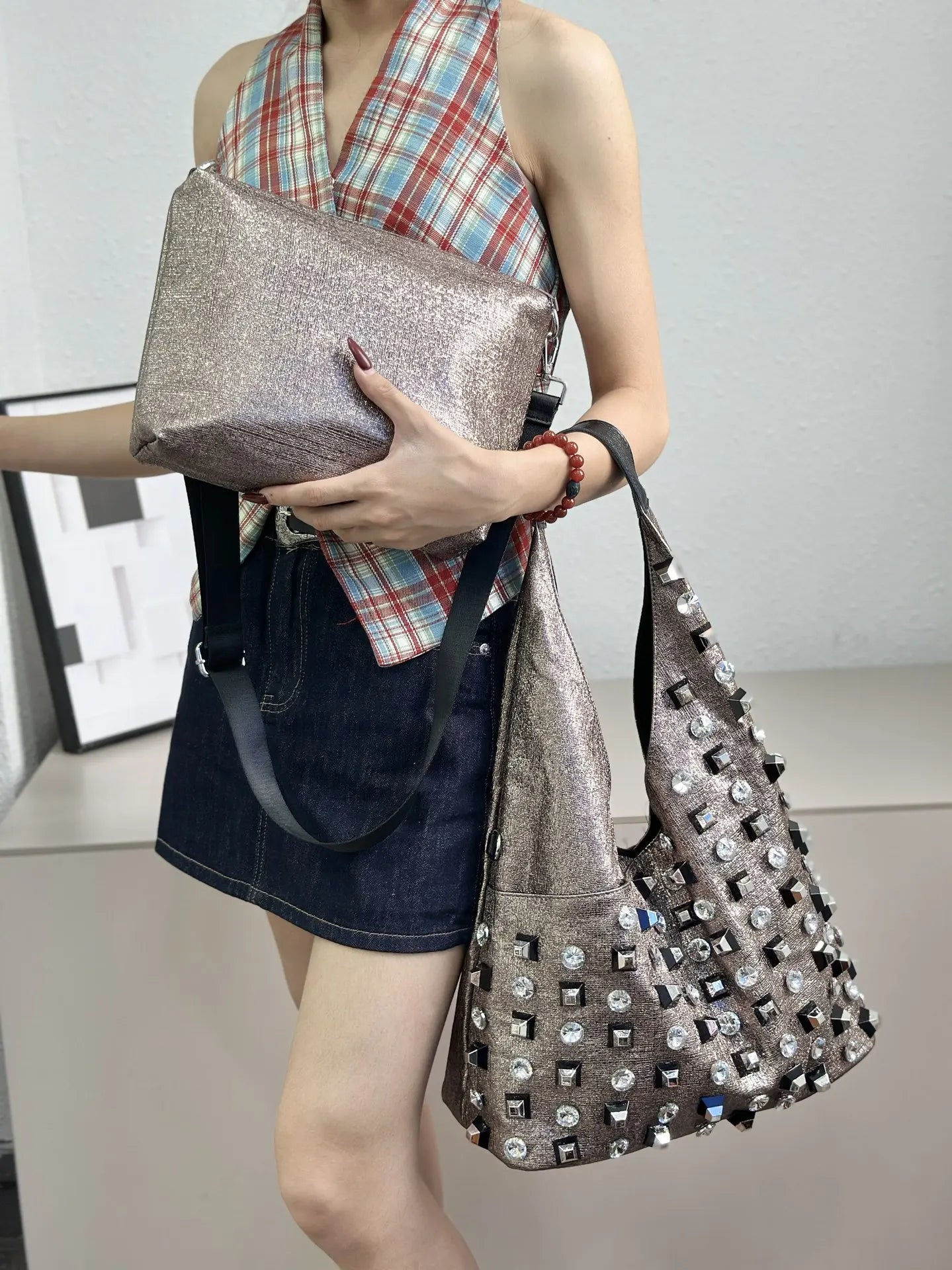 New Women's Diamond Handbag Luxury Brand Fashion Diamond Women's Shoulder Bag Large Capacity Shiny 2-piece Set Women's Bag