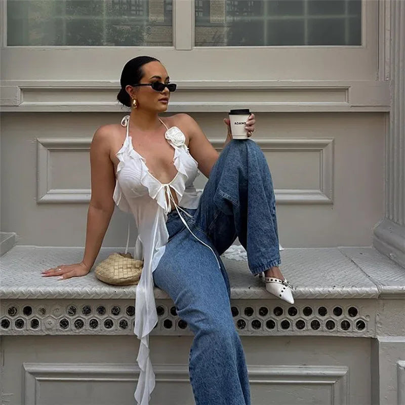 Y2K Sheer Mesh Spaghetti Strap Camisole Top White Ruffle Fringe Halter Tops Coquette Fairy Core Clothes 2024 Fashion