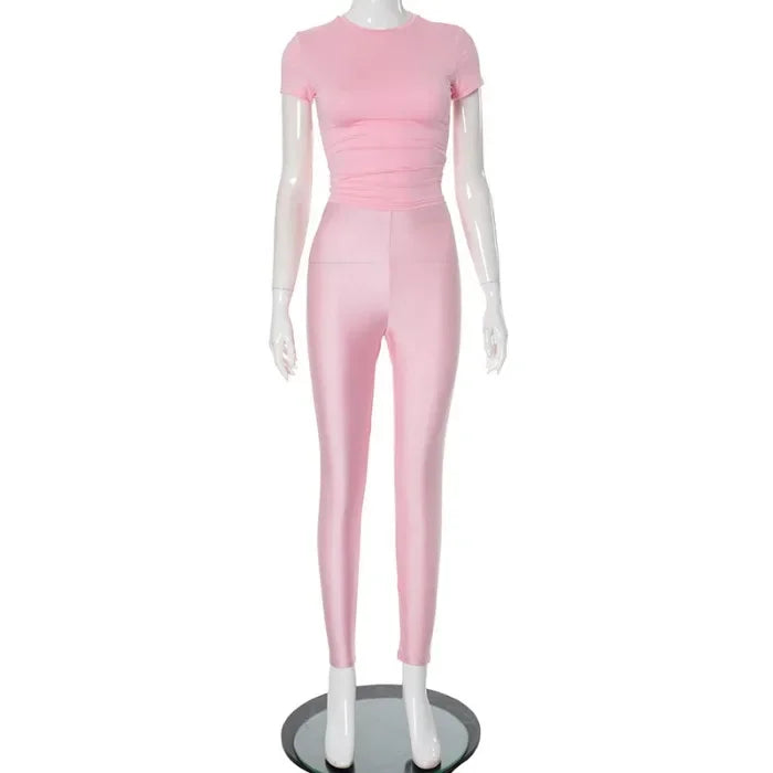 Two Piece Set for Woman Streetwear Solid Round Neck Short Sleeved T-shirt Top and Tight Pants Suit Spring and Summer 2025 New