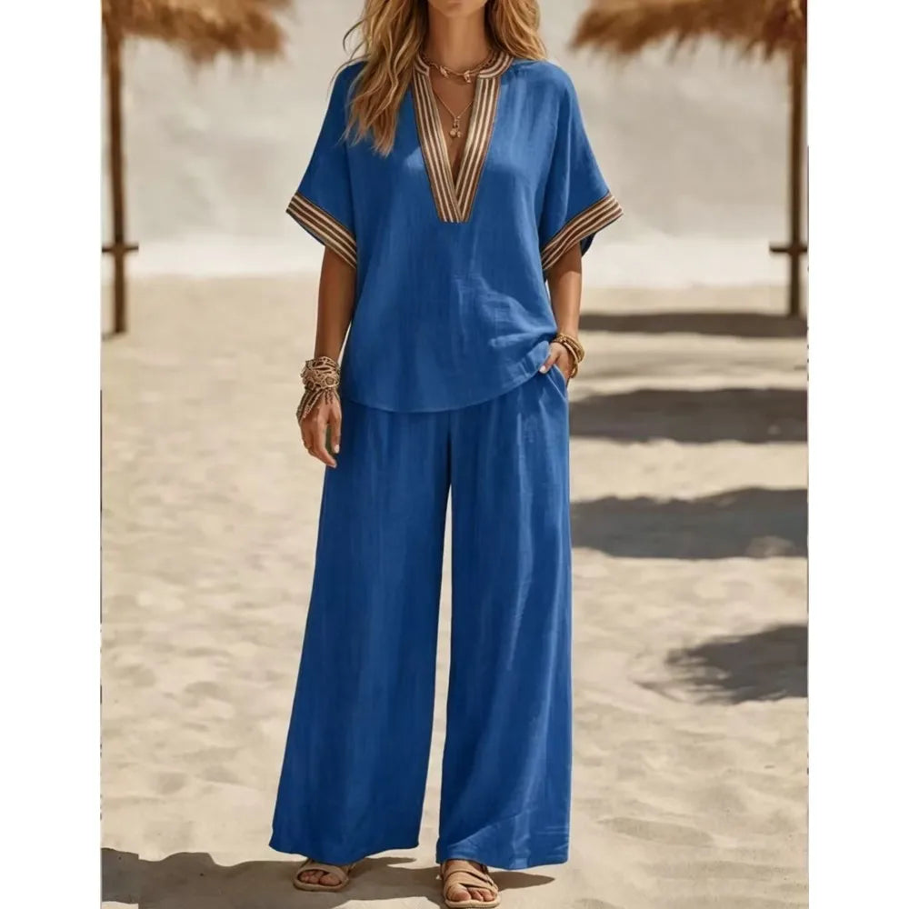 Striped V Neck Short Sleeve Two Piece Set for Women