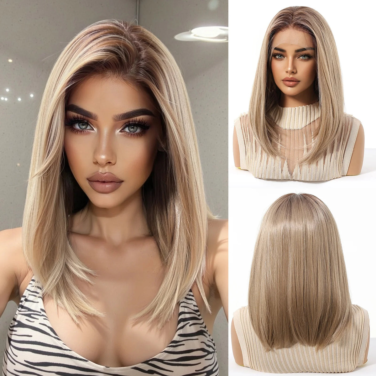 Short Ombre Platinum Blonde Lace Front Wig for Women