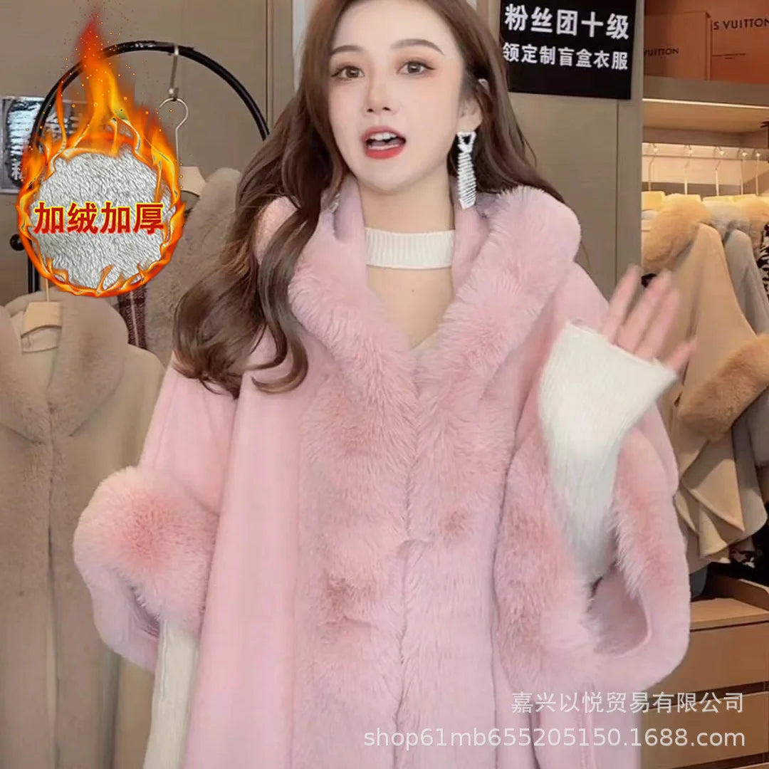 Faux Rabbit Fur Plaid Hooded Poncho Coat for Women