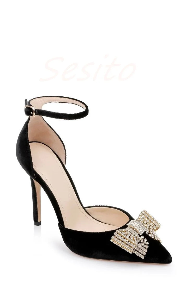 Luxe Rhinestone Bow Pointed Toe Stiletto Heels For Women