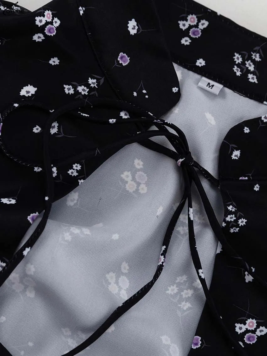 Oymimi Elegant Black White Womens Dresses Fashion Three Quarter Sleeve Hollow Out Dresses Casual High Waisted Mini Dress Female