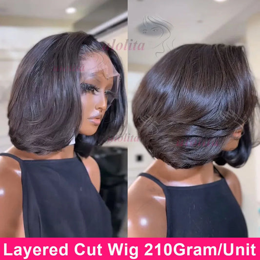 Layered Cut Straight Bob Wig Natural Color Lace Closure Wig Wear and Go 4x4/13x4 Glueless Wig Free Part Minimalist Lace Bob Wig