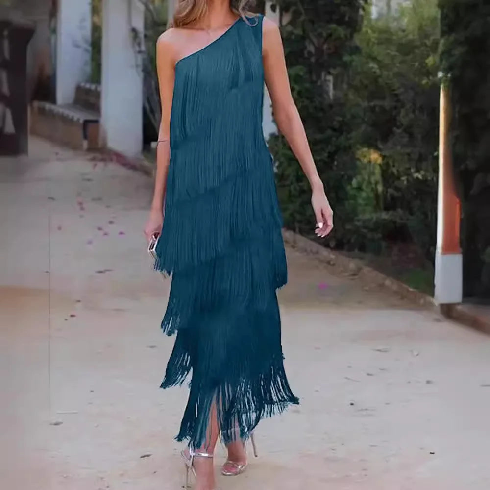 Diagonal Collar Tassel Sleeveless Summer Dress for Women