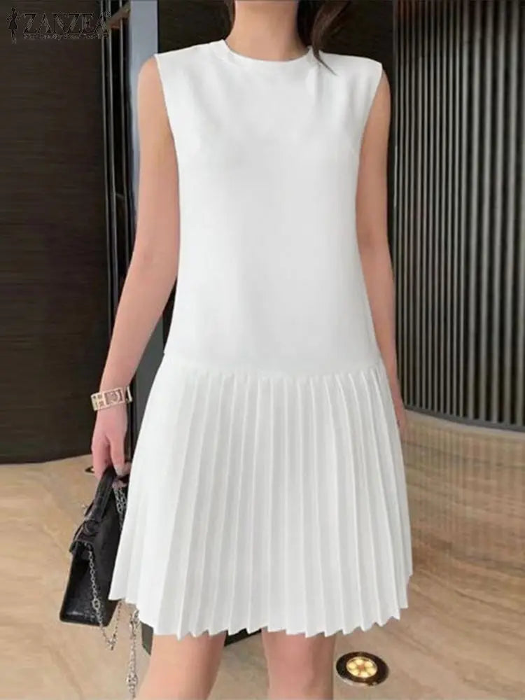 ZANZEA Summer Women Sleeveless Mini Dress 2024 Elegant Party Tank Vestidos Ladies Casual Solid Color Pleated Short Sundress