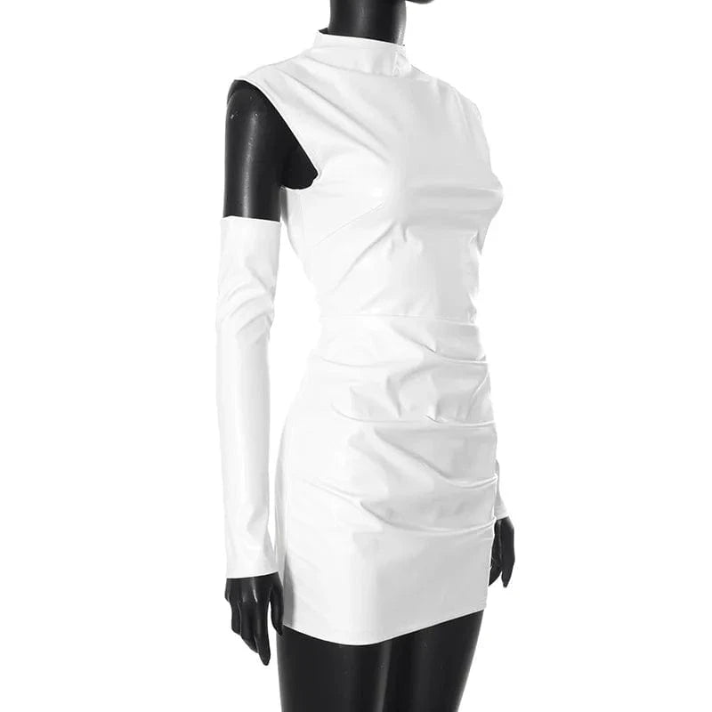 White PU Leather Bodycon Mini Dress for Women Elegant Sexy Turtleneck Sleeveless Party Dresses Spring Fashion Casual Dress 2025