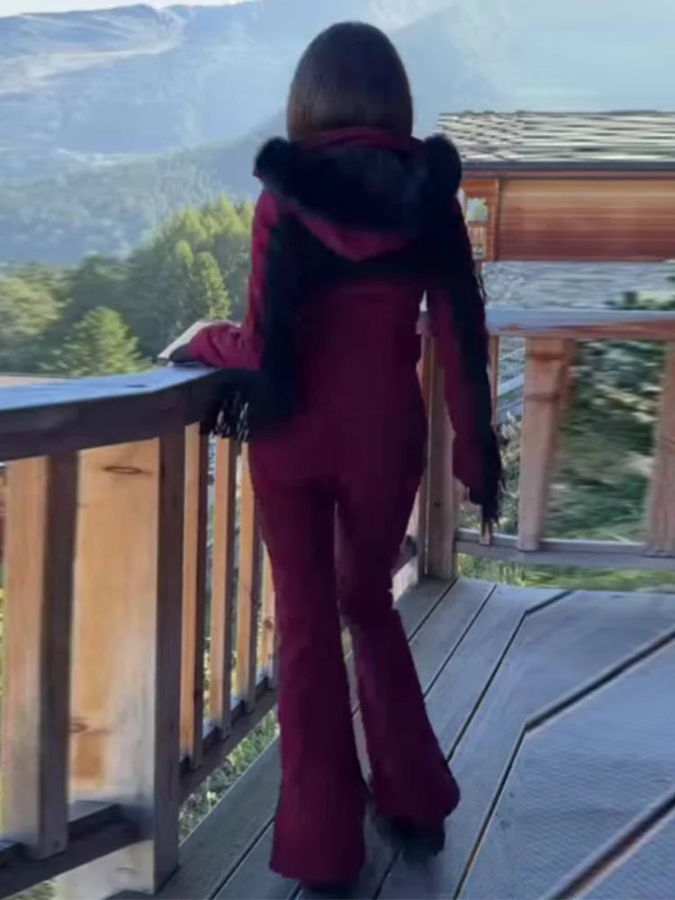 Tassel Red Slim Long Sleeve Stand Collar Wide Leg Jumpsuit for Women