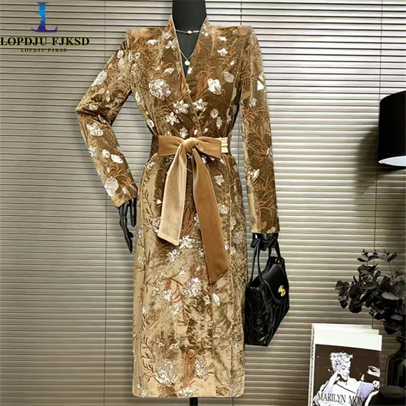 Golden Velvet Adjustable Waist Windbreaker Coat Autumn/Winter New English style Luxury Sequin Embroidered Women's Coat