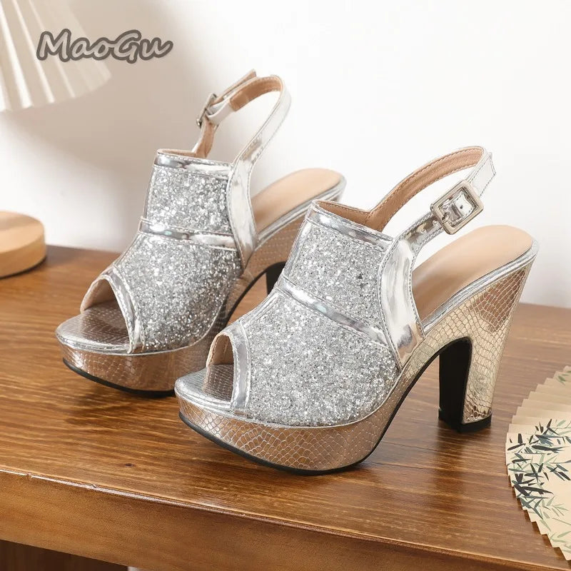 Silver Glitter Chunky Heel Peep Toe Platform Sandals For Women
