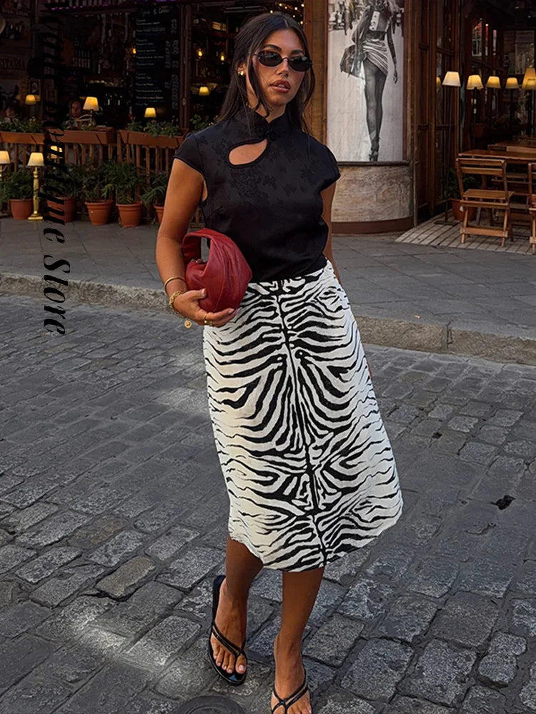 High Waist Leopard Print Zipper Midi Skirt for Women