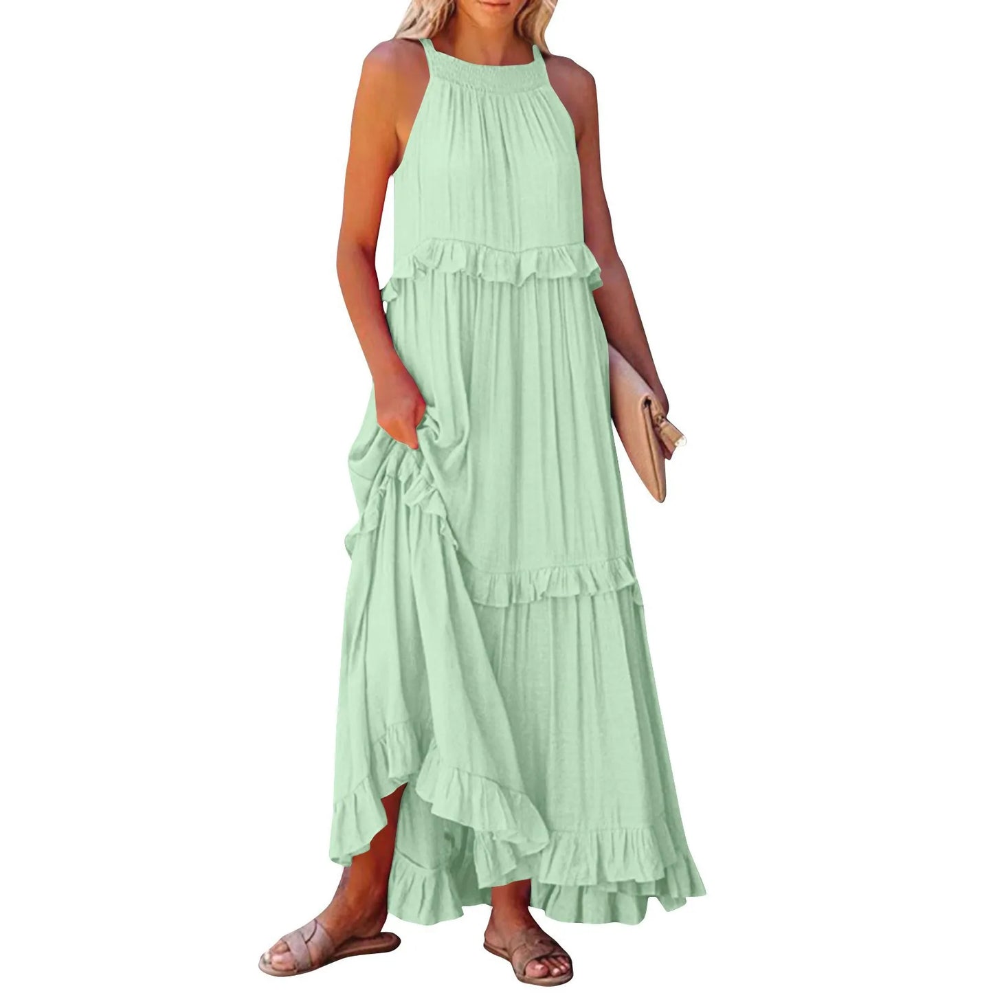 Solid Ruffled Sleeveless Maxi Sundress for Women
