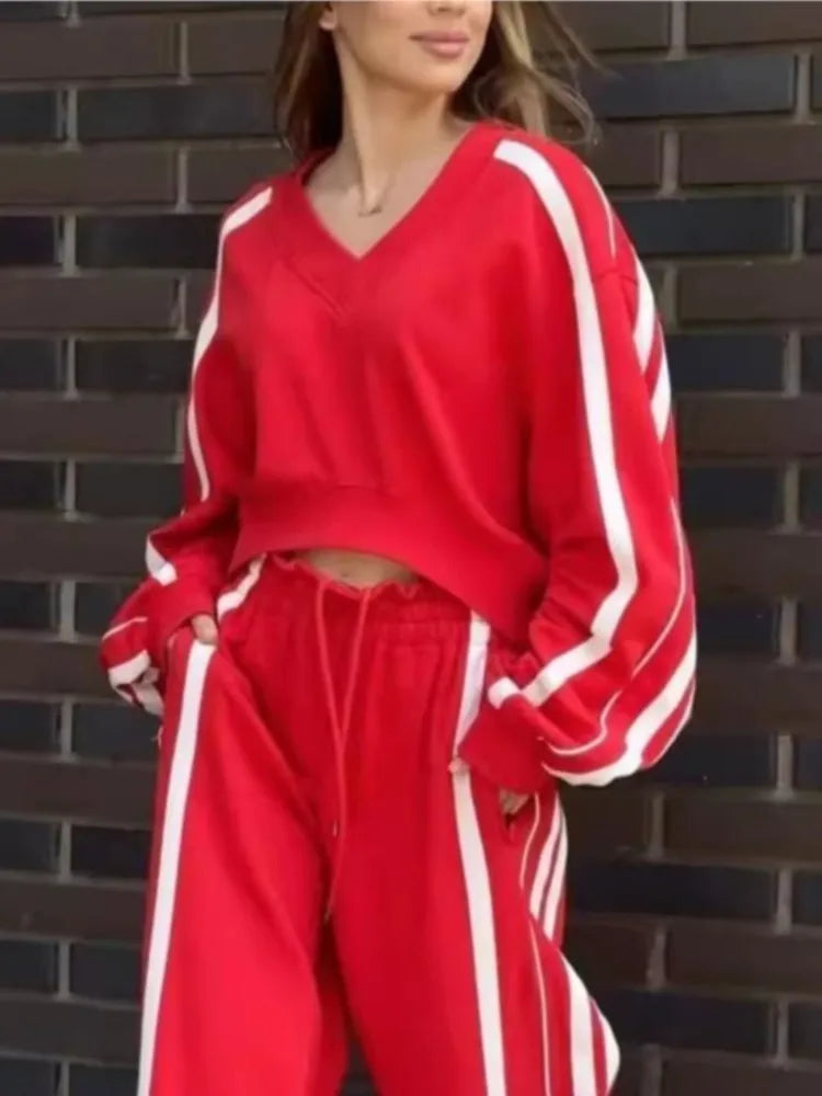 V Neck Cropped Top Color Block Set