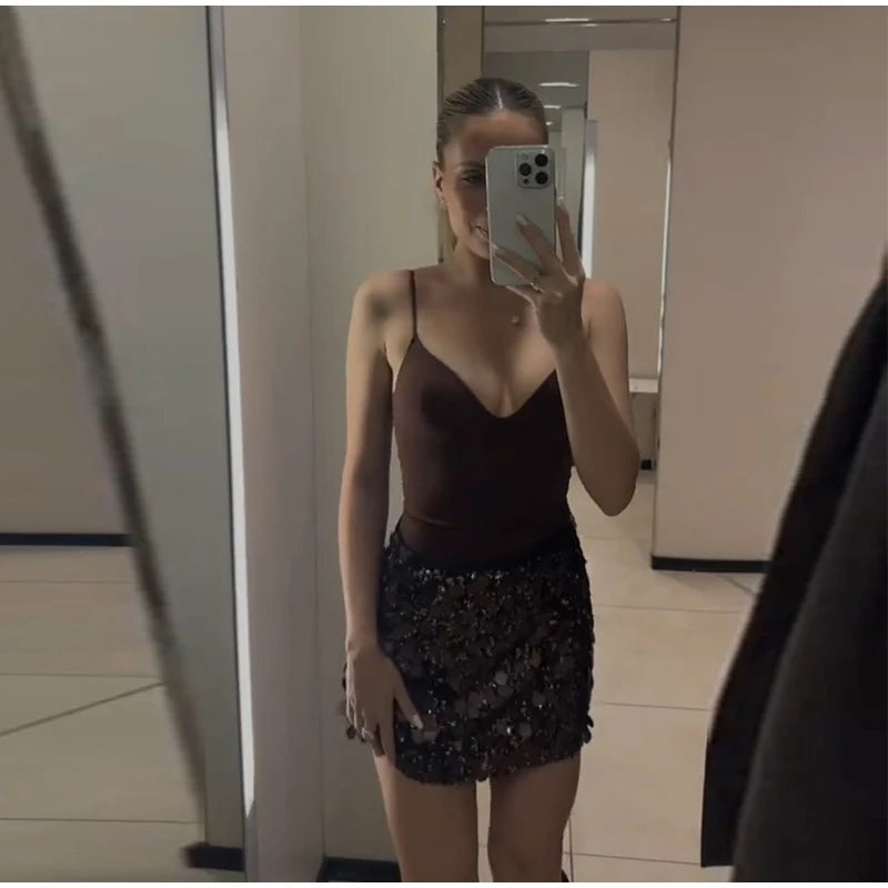 Sequined Paillette High Waist A Line Mini Skirt for Women
