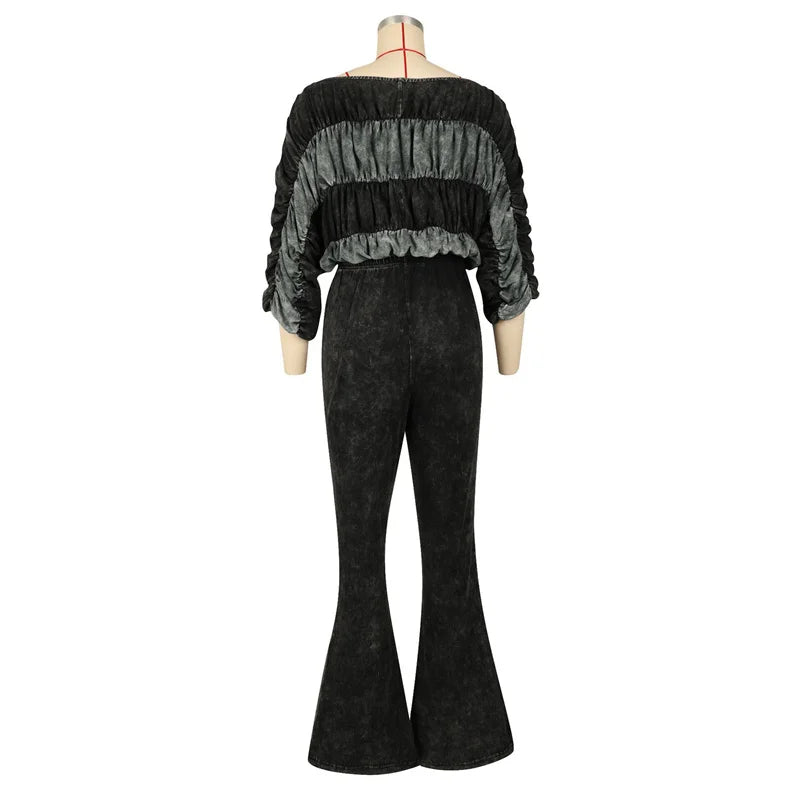 Ruched Crop Top And Flare Pants Two Piece Set for Women