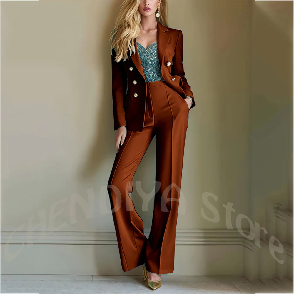 Solid Color Suit For Women High Quality Double Breasted Two Piece Notch Lapel Slim Fit Elegant Fashion Female Outfit Jacket Pant