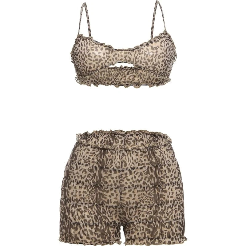Weird Puss Leopard Print Women 2 Piece Set Sexy See Through Summer Ruffles Camisole+Shorts Vacation Matching Clubwear Outfits