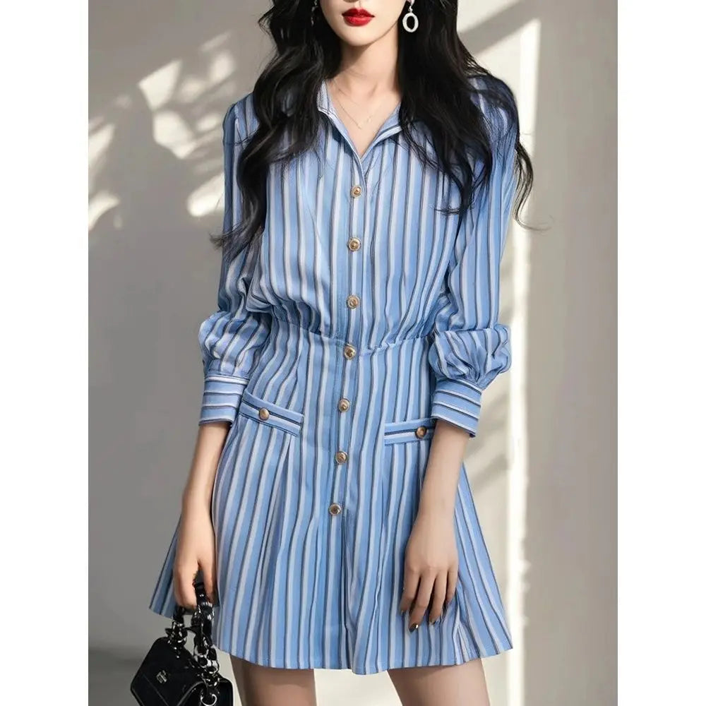 Blue and White Striped Korean Style Dress for Women