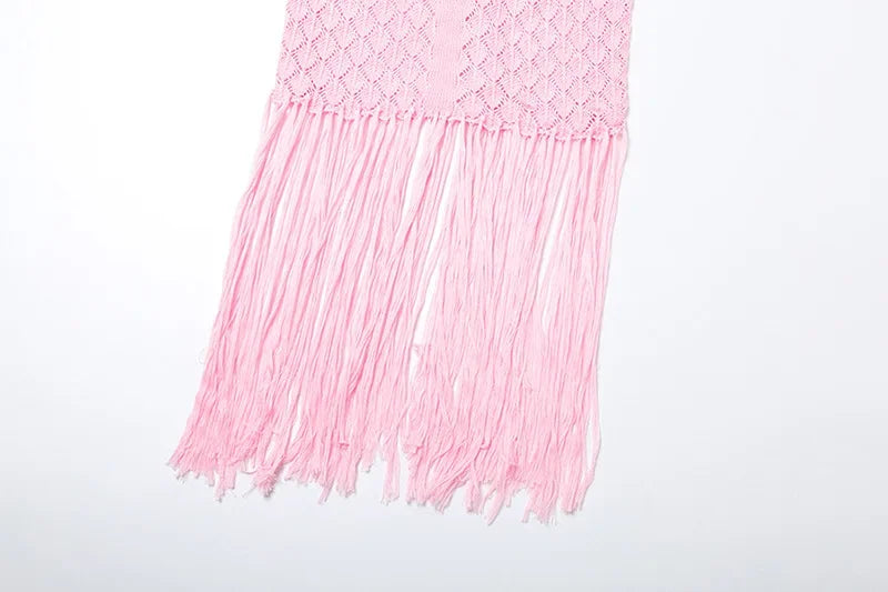 Elegant See Through Crochet Tassel Halter Dress for Women