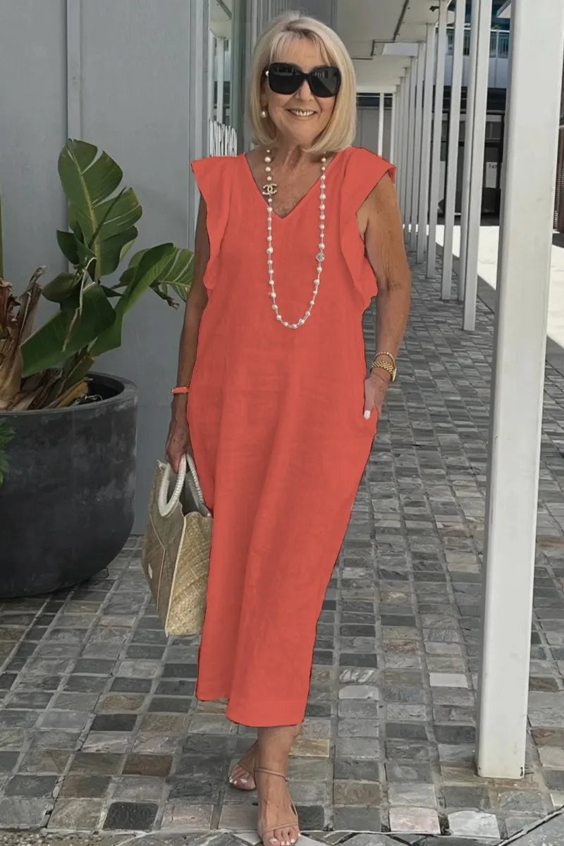 Back Tie Flutter Sleeve Casual Linen Dress for Women