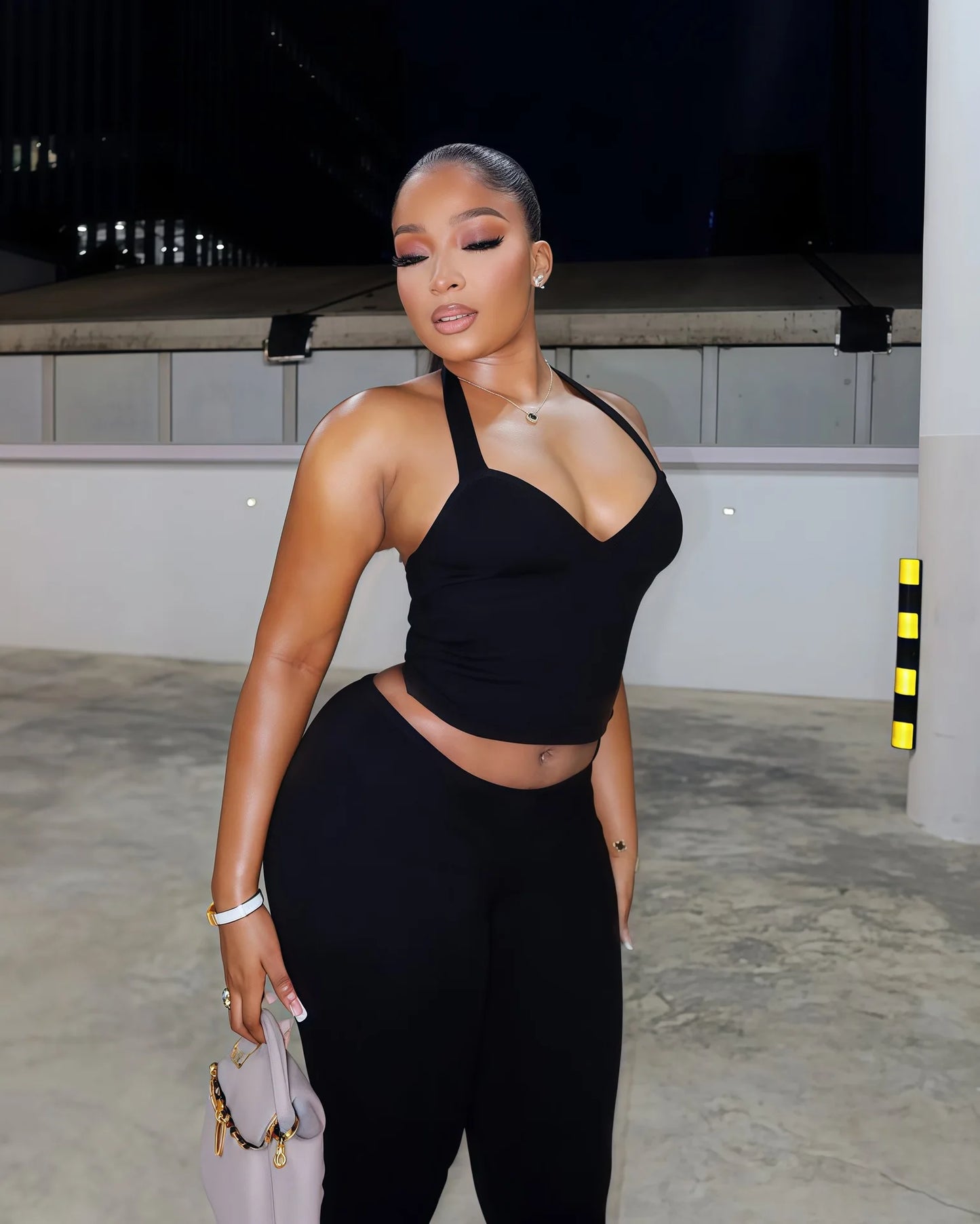 Solid Color Halter Neck Crop Top Two Piece Set for Women