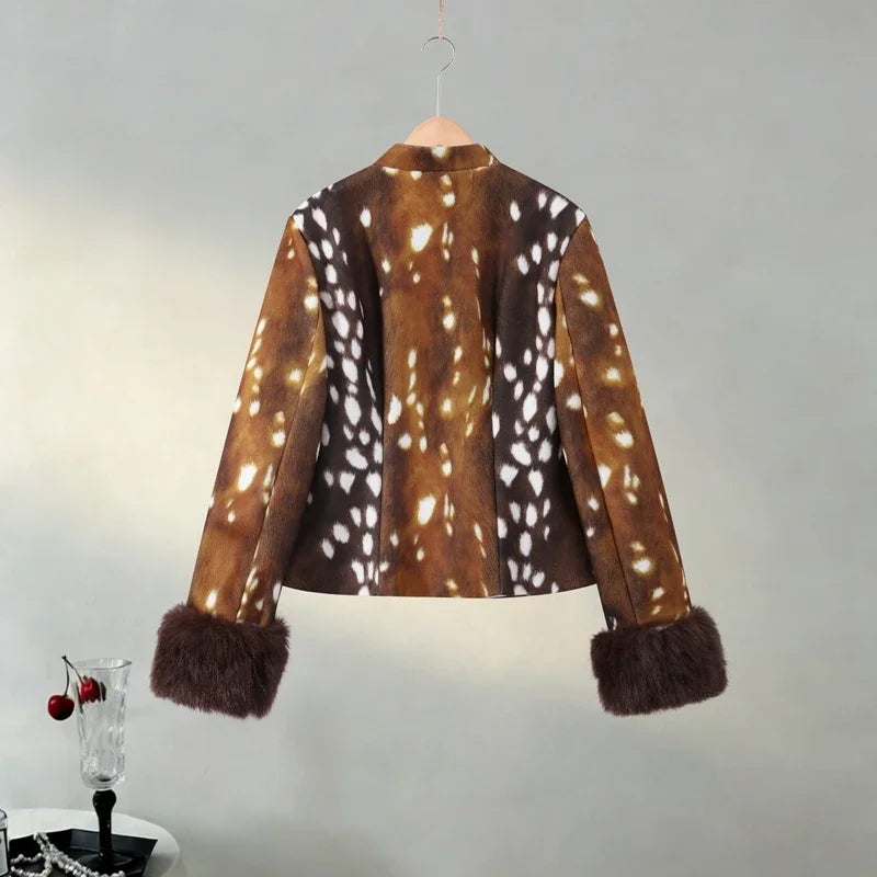 Fitted Vintage Leopard Patchwork Faux Fur Coat for Women