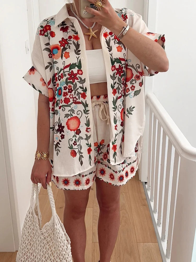 Women Cardigan Top Shorts Two Pieces Sets, Summer Holiday Fashion Half Sleeve Chic Outfit, 2025 Print Elastic Waist Ladies Suits