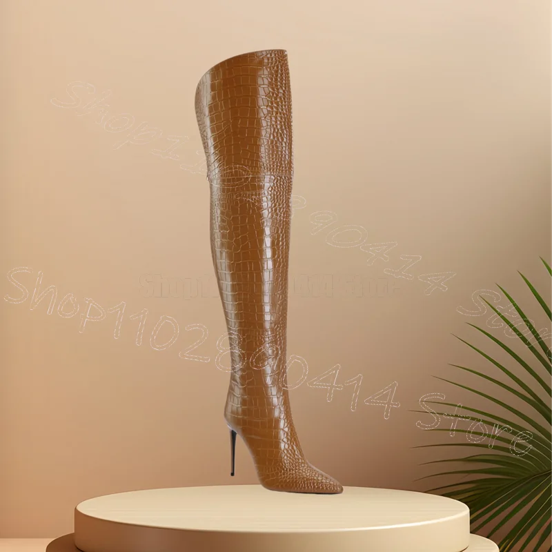 Brown Crocodile Print Pointed Toe High Heel Boots for Women