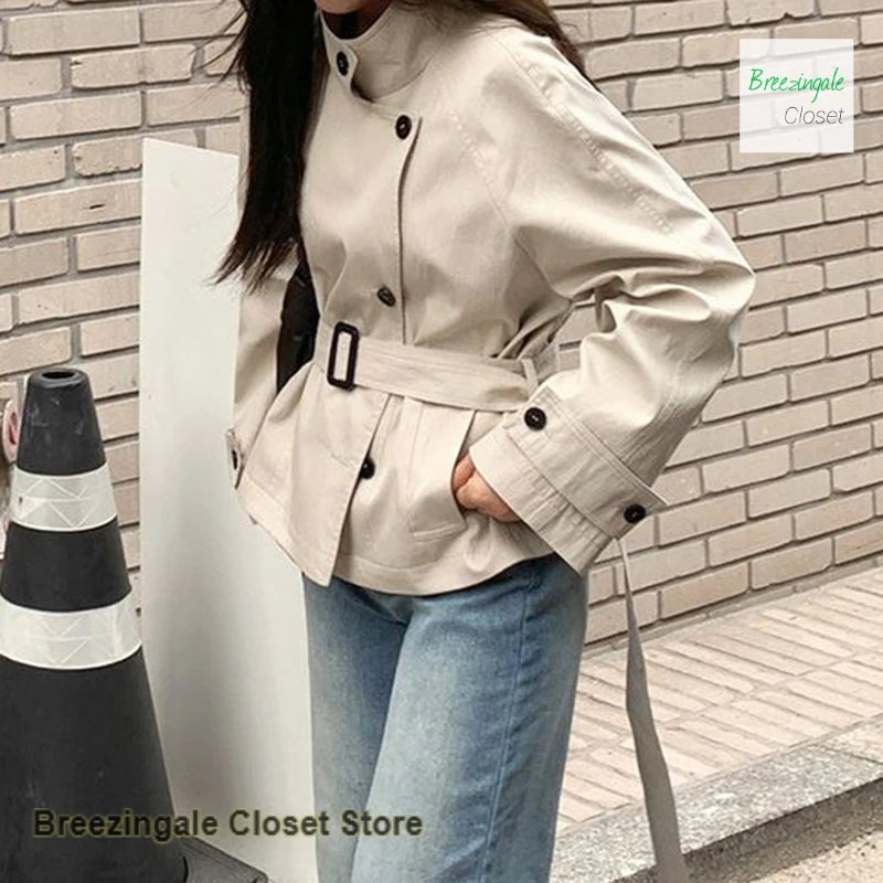 Solid Color Short Stand Collar Windbreaker Coat For Women