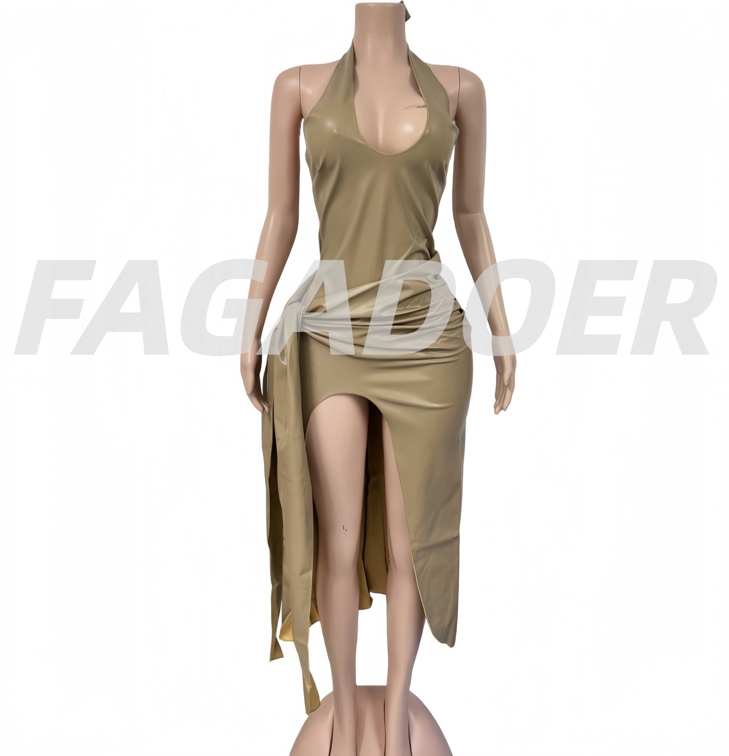FAGADOER Sexy Ruched Patchwork Bodycon Long Dress Women Halter Deep V-neck Backless Dresses Female Streetwear Vestidos 2025 New