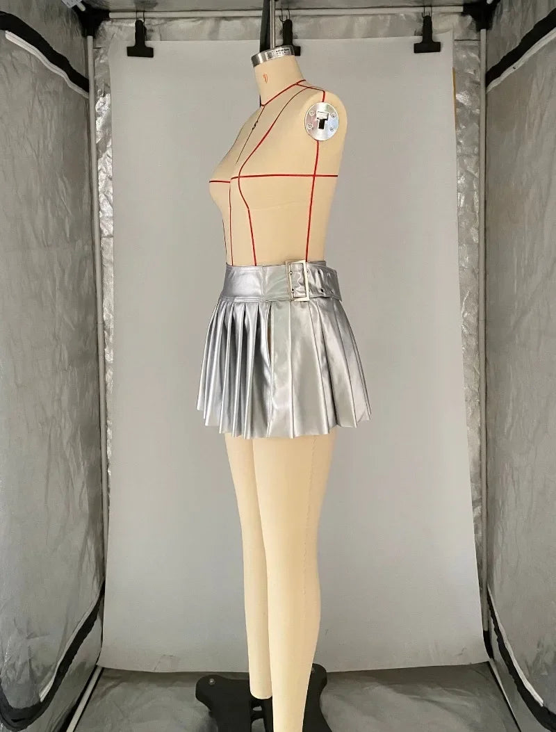 Silver Faux Leather Pleated Mini Skirt With Buckle Belt for Women