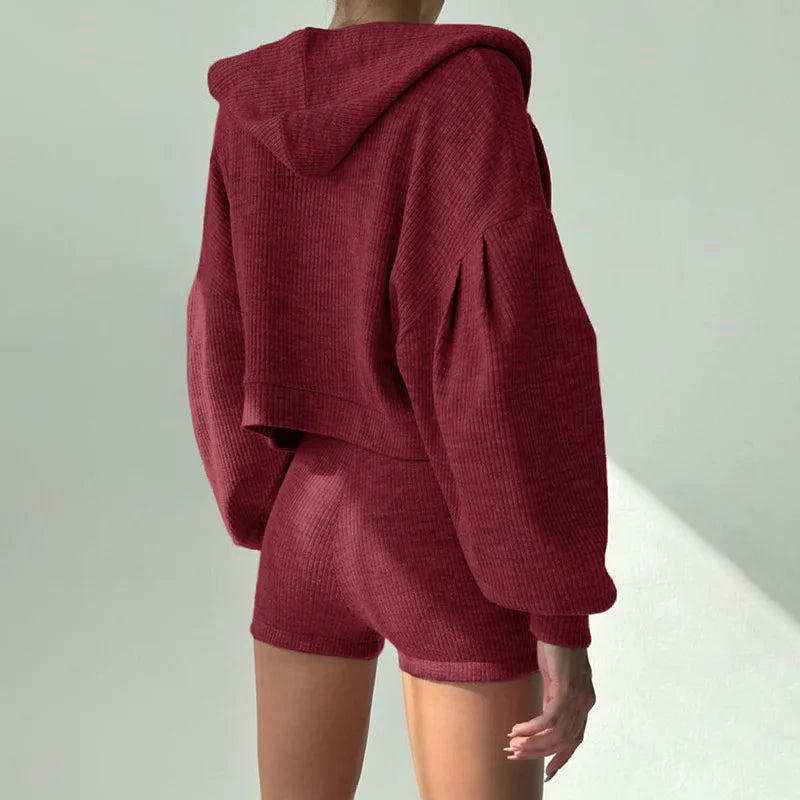 Ribbed Solid Color Three Pieces Sporty Suit Bra & Shorts and Lantern Sleeve Hooded Sweatshirt Coat Casual Suit