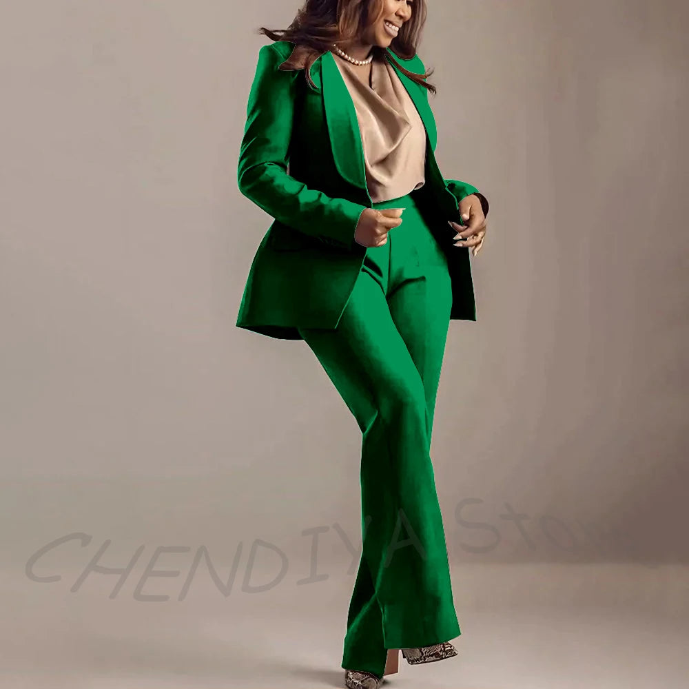 Classic Brown Women Suits Shawl Lapel Slim Fit Solid Color Formal Sets 2 Piece High Quality Office Lady Outfits Jacket Pants