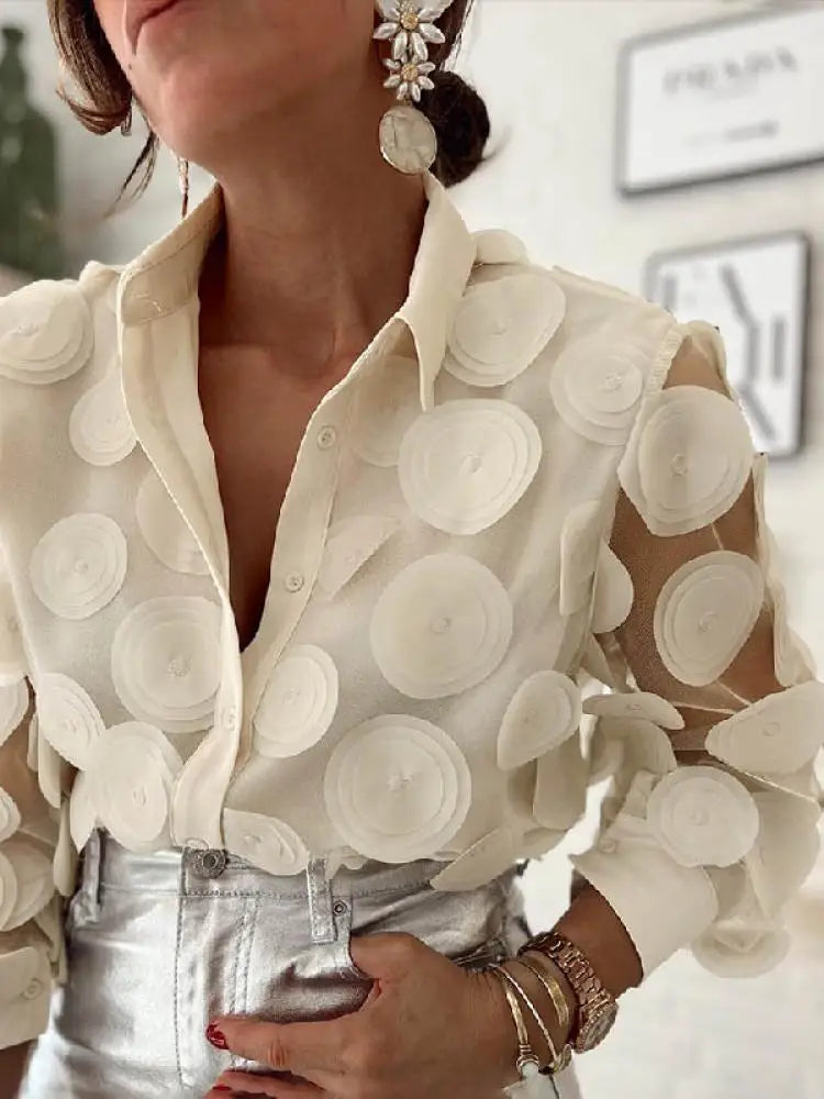 2024 New T-shirt for Women Hollowed Long Sleeves Appliqued Lapel Shirt Urban Female Stylish Loose Fit Buttoned Blouses