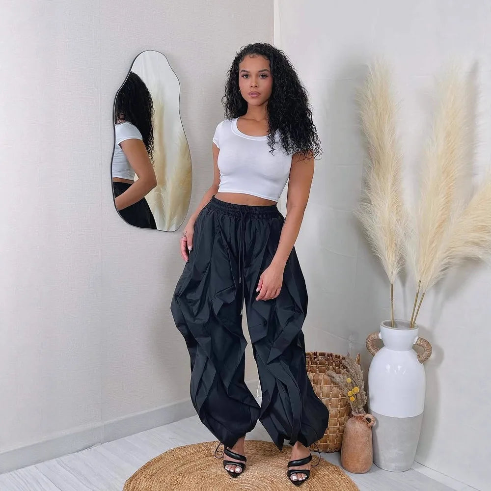 FAGADOER Casual Ruched Patchwork Lantern Sleeve Pants Women High Waist Drawstring Patchwork Pants Female Streetwear Trousers New
