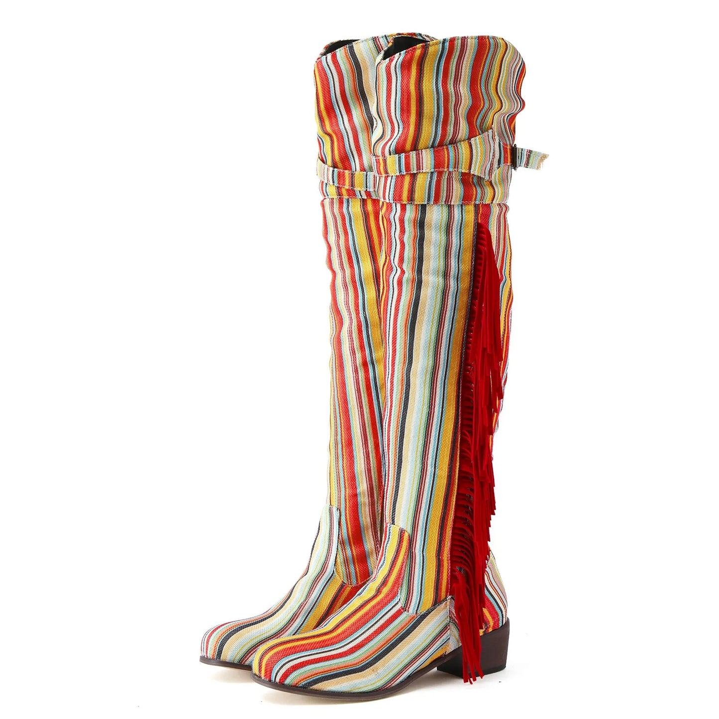 Vintage Rainbow Tassel Lace Up Over The Knee Boots for Women
