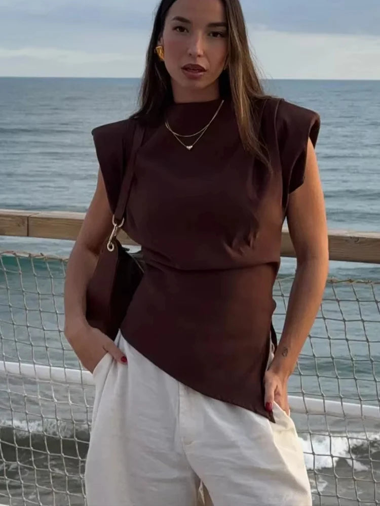 Retro Solid Color Asymmetrical Zipper Top for Women