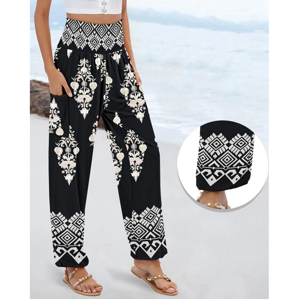 Women's High Waist Floral Print Pocket Cuffed Pants – Casual Sporty Streetwear Trousers with Shirring Elastic Waist