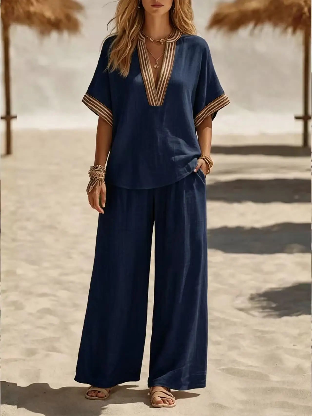 Striped V Neck Short Sleeve Two Piece Set for Women